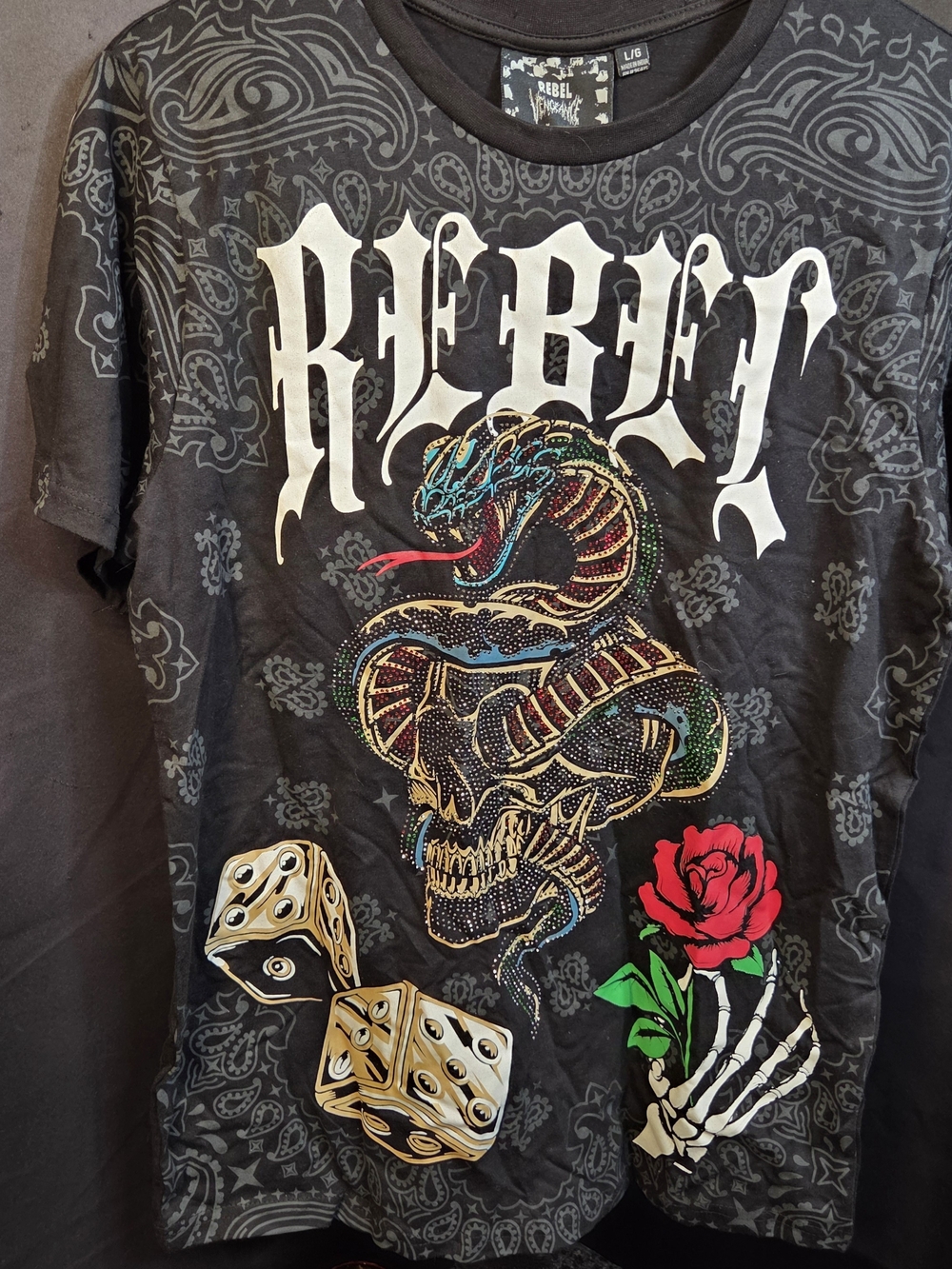 Original REBEL VENGEANCE Black Cotton T Shirt ' Skull Snake Rose Size Large